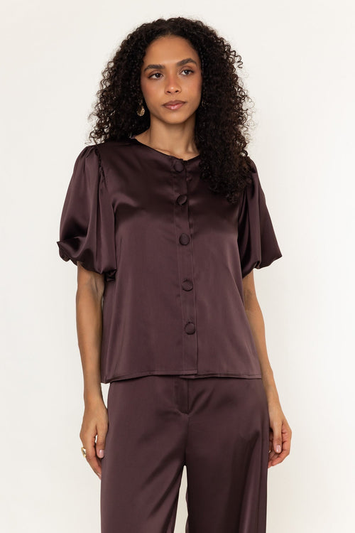 Carraig Donn Tara Brown Sateen Button Short Sleeve Blouse