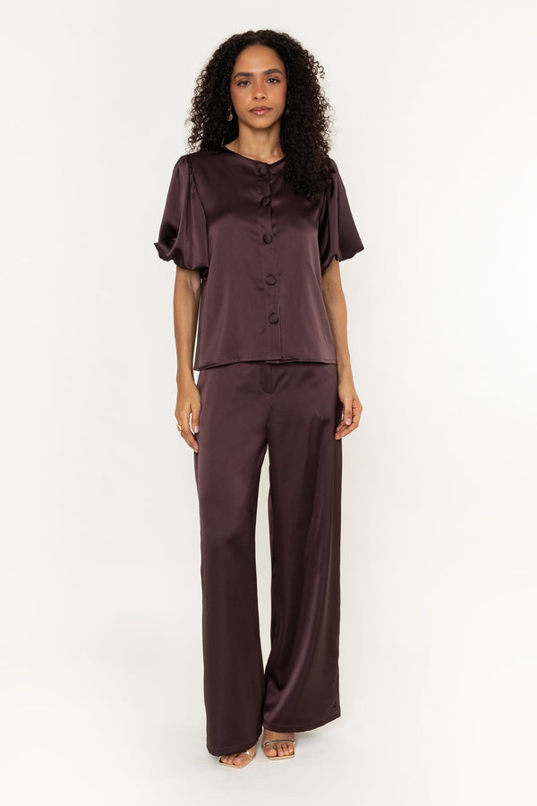 Carraig Donn Tara Brown Sateen Button Short Sleeve Blouse