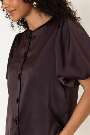 Carraig Donn Tara Brown Sateen Button Short Sleeve Blouse