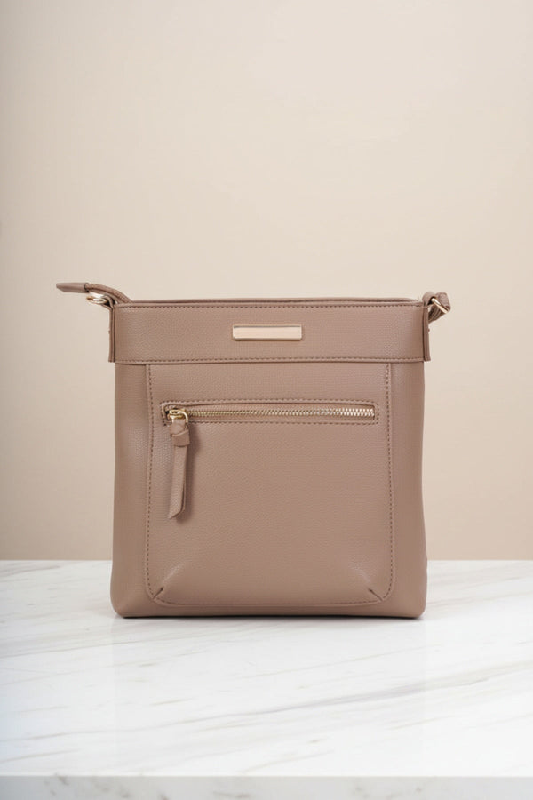 Carraig Donn Taupe Faux Leather Front Zip Pocket Classic Crossbody Bag