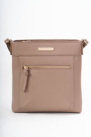 Carraig Donn Taupe Faux Leather Front Zip Pocket Classic Crossbody Bag
