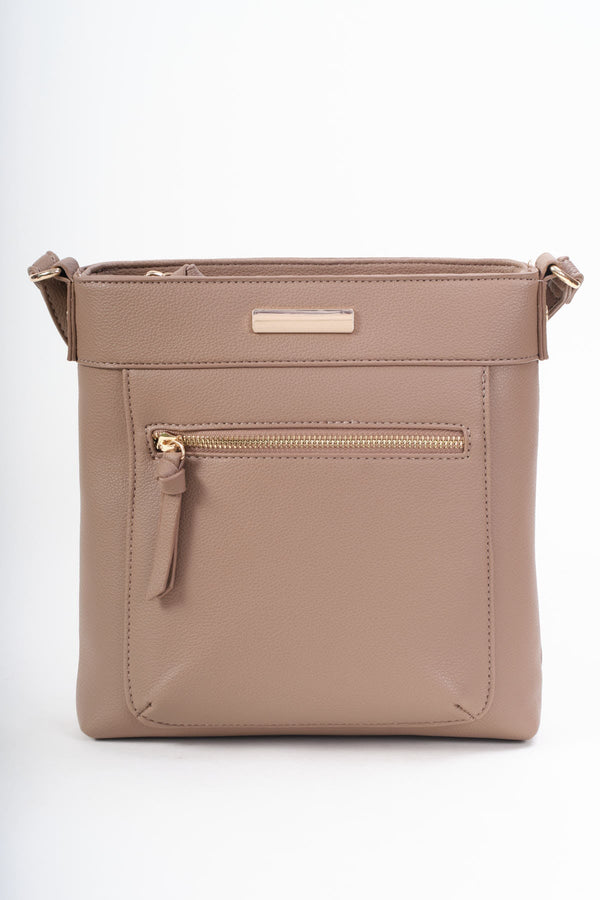 Carraig Donn Taupe Faux Leather Front Zip Pocket Classic Crossbody Bag