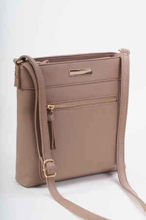 Carraig Donn Taupe Faux Leather Front Zip Pocket Classic Crossbody Bag