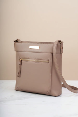 Carraig Donn Taupe Faux Leather Front Zip Pocket Classic Crossbody Bag