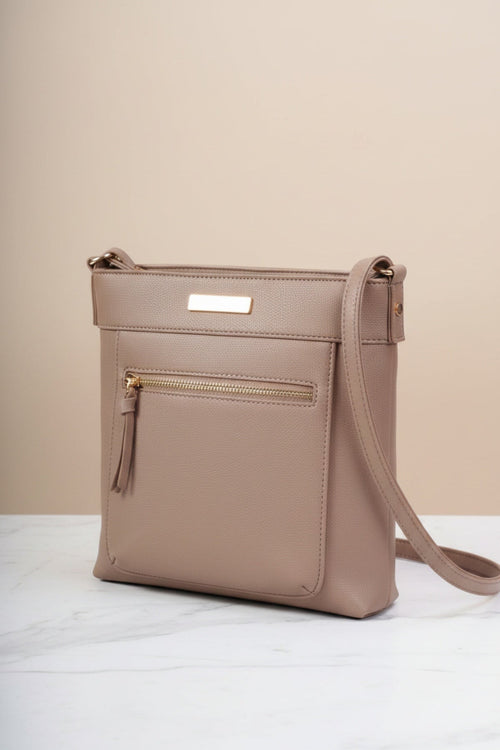 Taupe Faux Leather Front Zip Pocket Classic Crossbody Bag