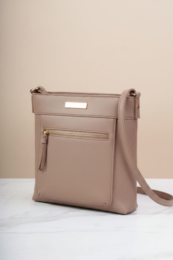 Carraig Donn Taupe Faux Leather Front Zip Pocket Classic Crossbody Bag