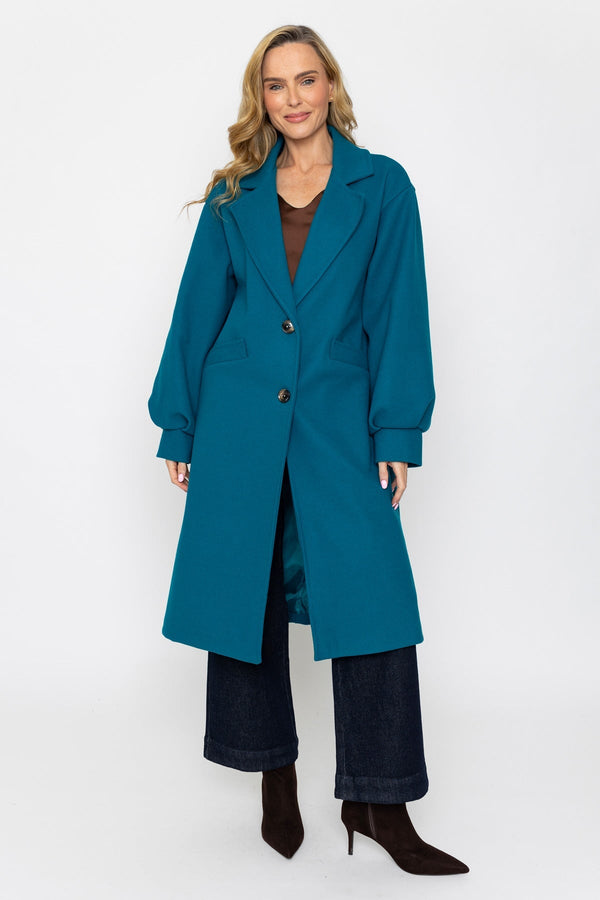 Carraig Donn Teal Balloon Sleeve Button Longline Coat