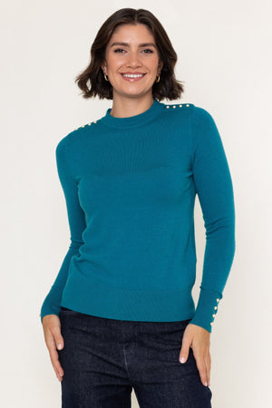 Carraig Donn Teal Blue Viscose Blend Knitted Turtleneck Button Detail Long Sleeve Jumper
