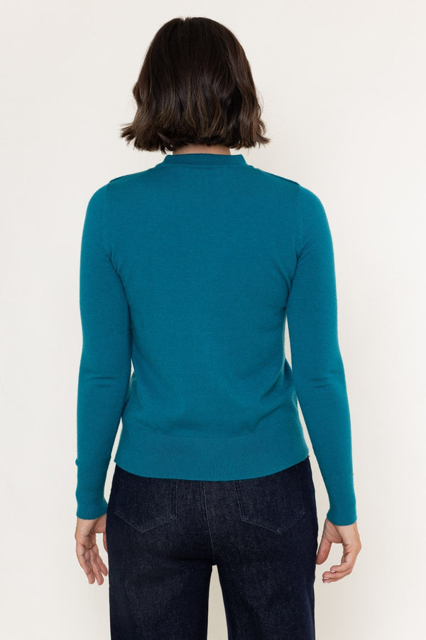 Carraig Donn Teal Blue Viscose Blend Knitted Turtleneck Button Detail Long Sleeve Jumper
