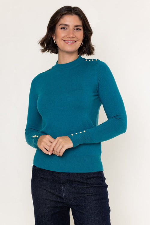 Teal Blue Viscose Blend Knitted Turtleneck Button Detail Long Sleeve Jumper