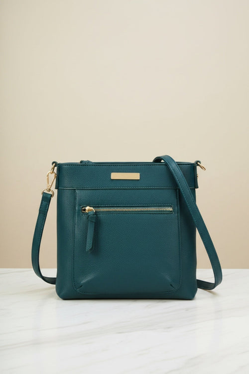 Teal Faux Leather Front Zip Pocket Classic Crossbody