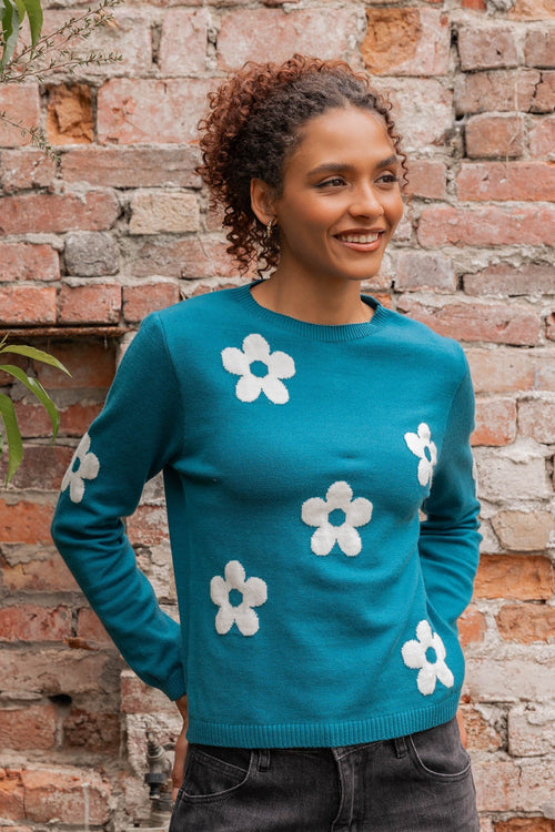Teal Floral Knit Long Sleeve Jumper