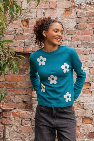Carraig Donn Teal Floral Knit Long Sleeve Jumper