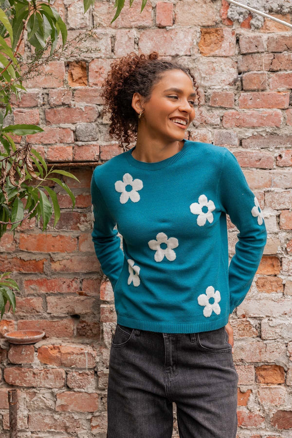 Carraig Donn Teal Floral Knit Long Sleeve Jumper