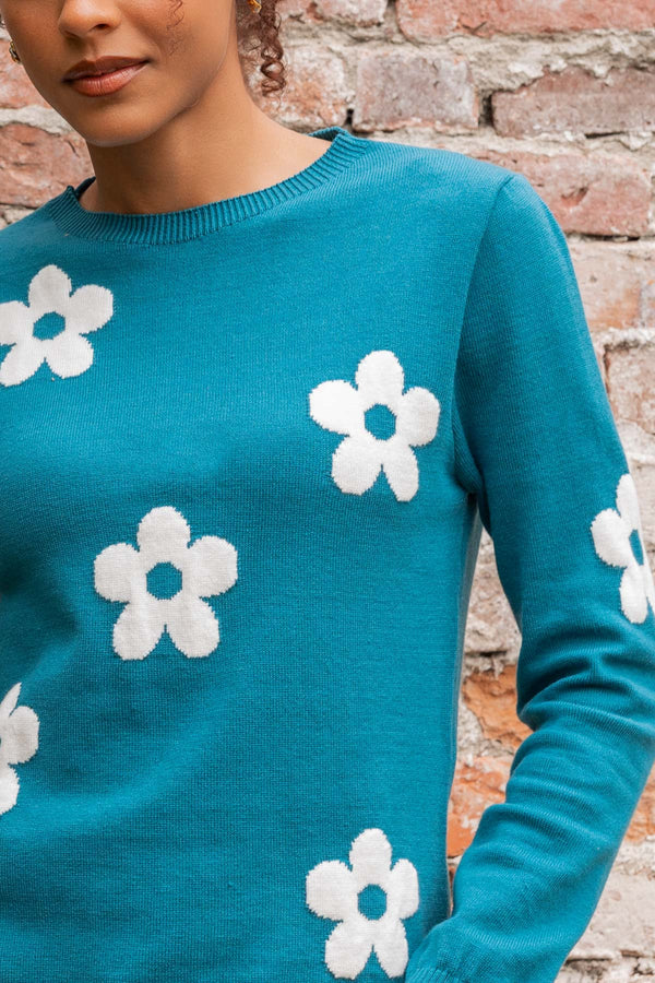 Carraig Donn Teal Floral Knit Long Sleeve Jumper
