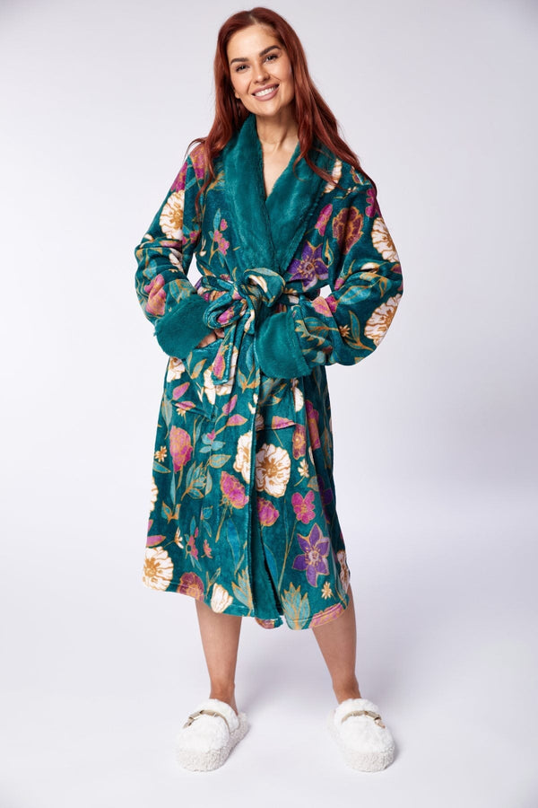 Carraig Donn Teal Floral Print Plush Fleece Faux Fur Collar Dressing Gown