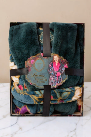 Carraig Donn Teal Floral Print Plush Fleece Faux Fur Collar Dressing Gown