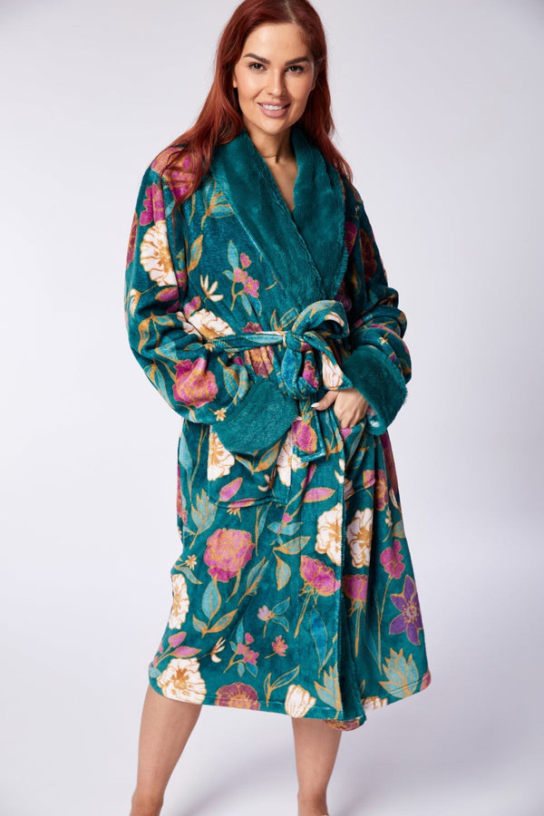 Carraig Donn Teal Floral Print Plush Fleece Faux Fur Collar Dressing Gown
