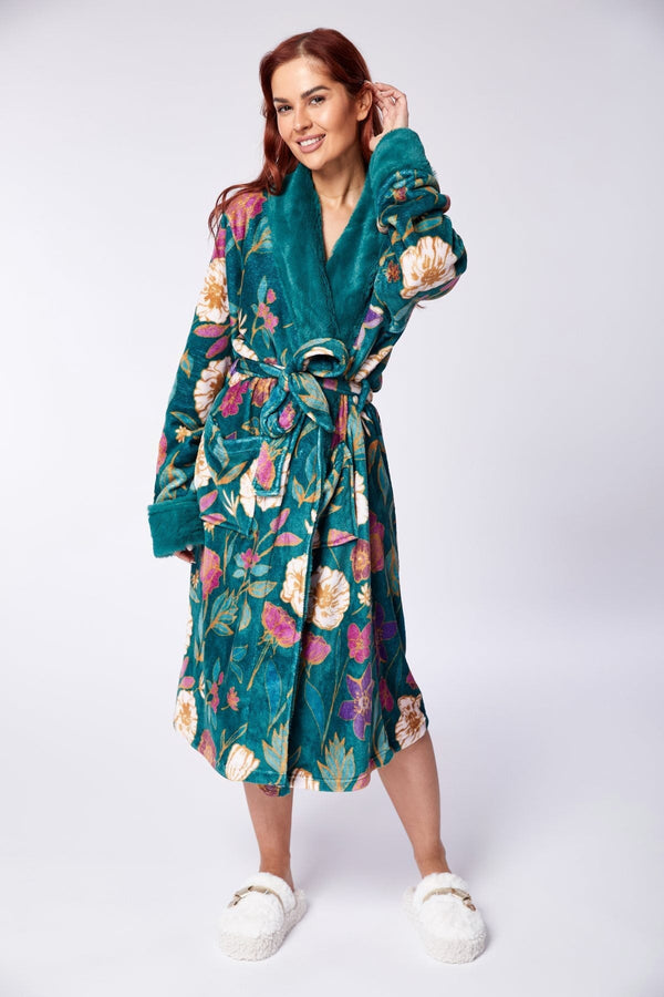 Carraig Donn Teal Floral Print Plush Fleece Faux Fur Collar Dressing Gown
