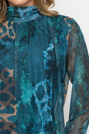 Carraig Donn Teal Print Mesh High Neck Long Sleeve Top