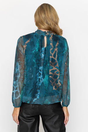 Carraig Donn Teal Print Mesh High Neck Long Sleeve Top