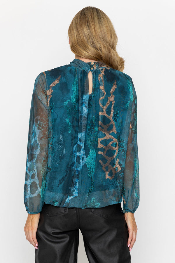 Carraig Donn Teal Print Mesh High Neck Long Sleeve Top