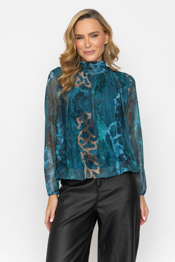 Carraig Donn Teal Print Mesh High Neck Long Sleeve Top