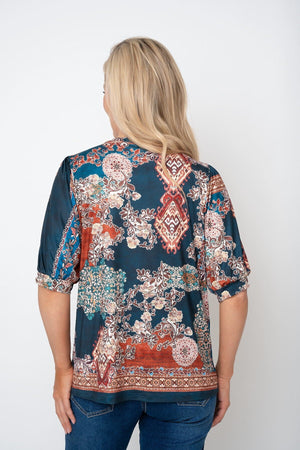 Carraig Donn Teal Print Round Neck Balloon Short Sleeve Top