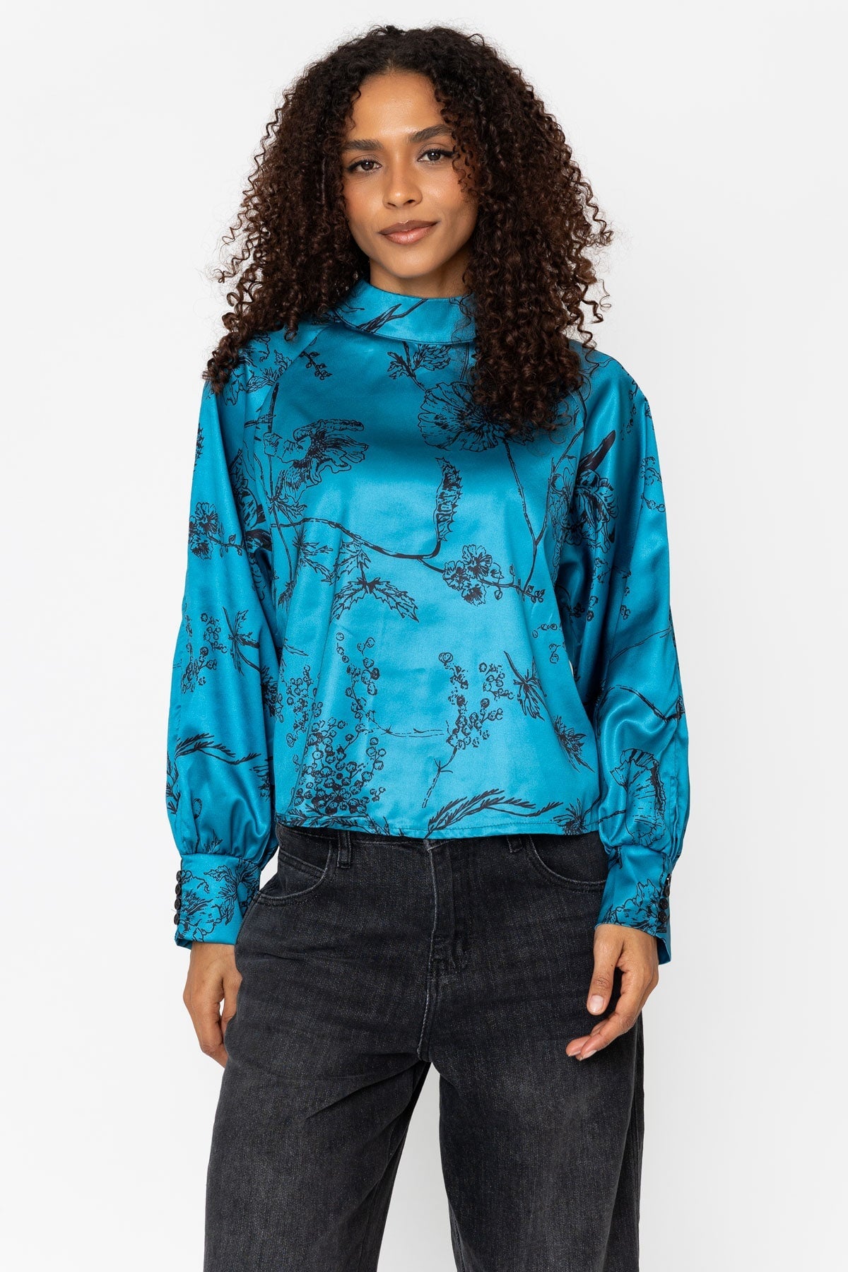 Teal Print Satin High Neck Long Sleeve Blouse