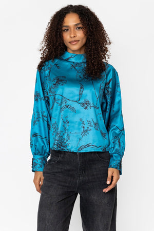 Carraig Donn Teal Print Satin High Neck Long Sleeve Blouse