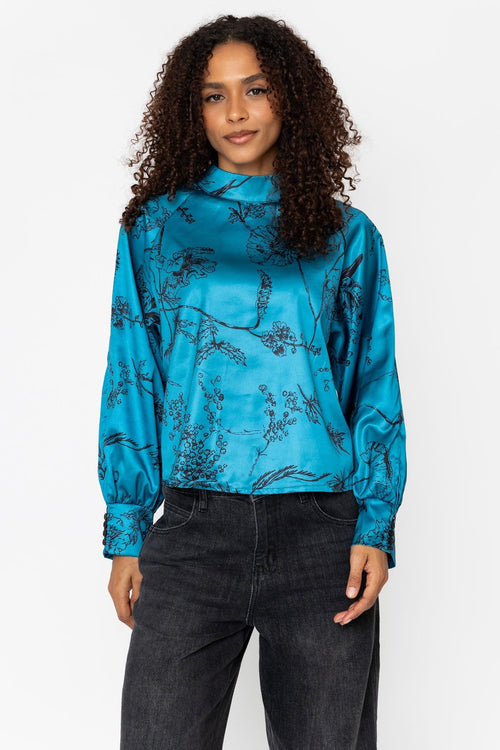 Teal Print Satin High Neck Long Sleeve Blouse