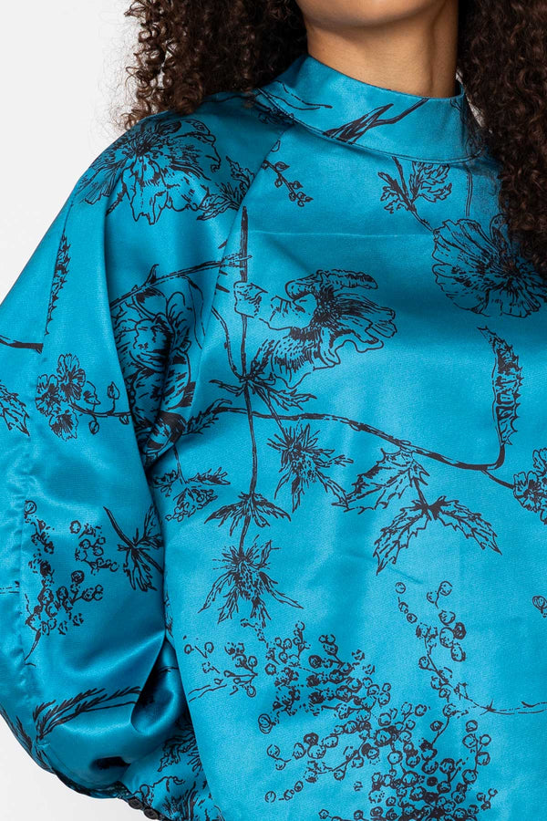 Carraig Donn Teal Print Satin High Neck Long Sleeve Blouse