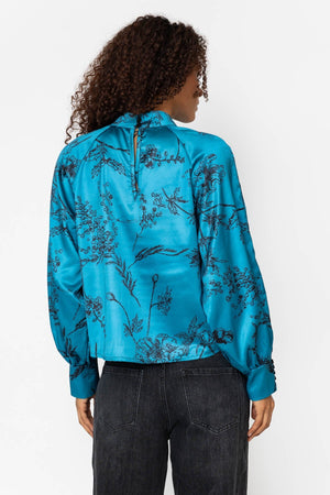 Carraig Donn Teal Print Satin High Neck Long Sleeve Blouse