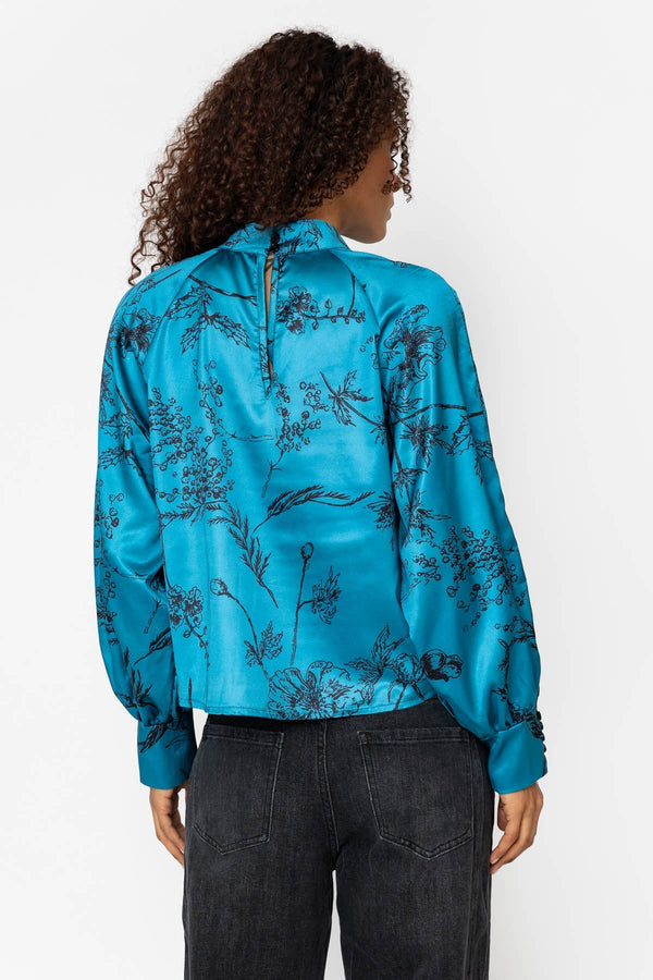 Carraig Donn Teal Print Satin High Neck Long Sleeve Blouse