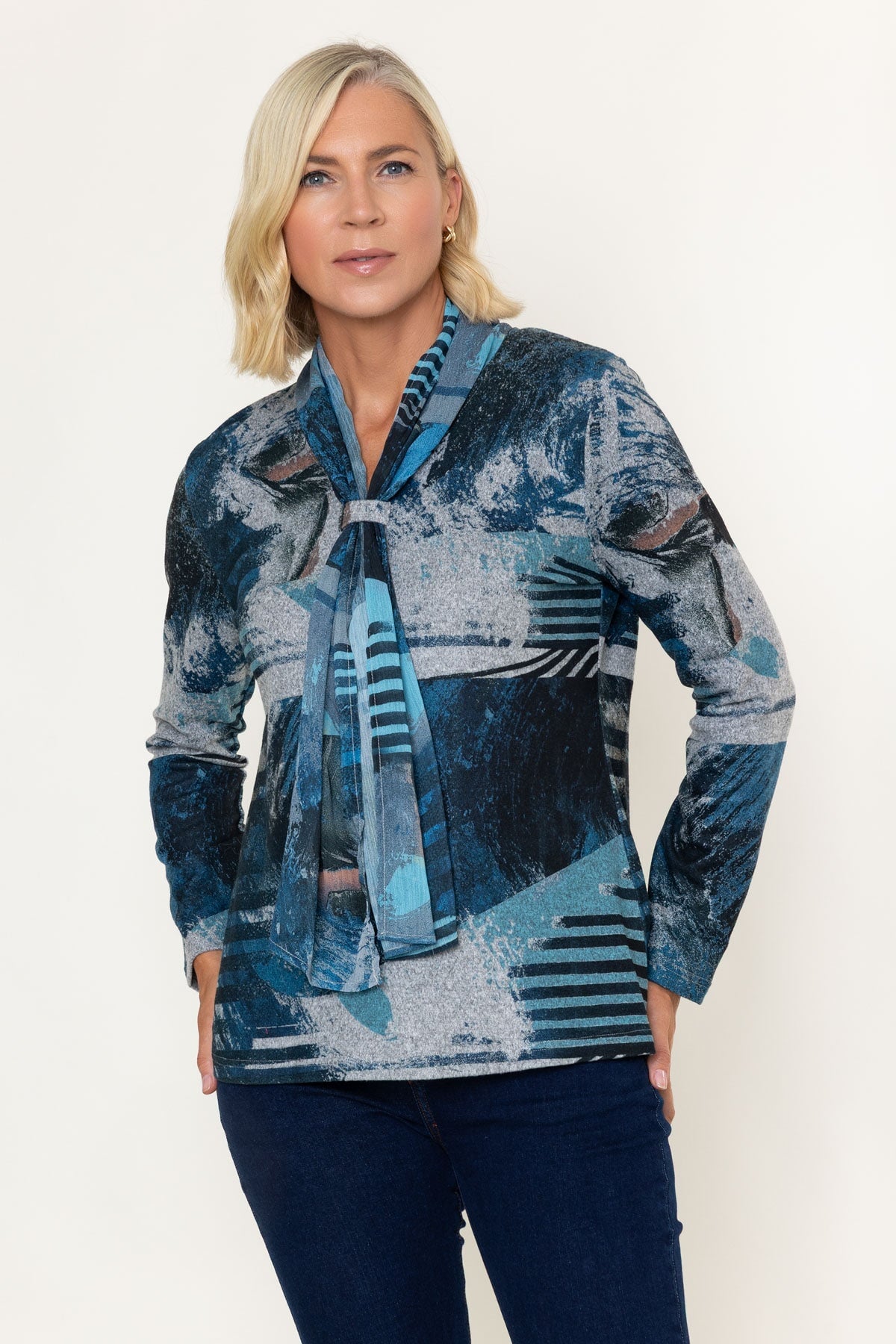 Teal Printed Scarf Neck Long Sleeve Top