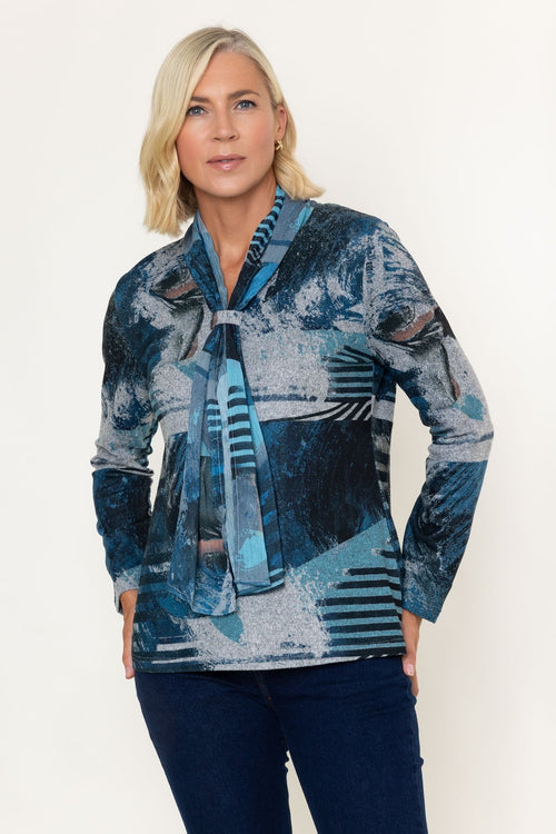 Teal Printed Scarf Neck Long Sleeve Top