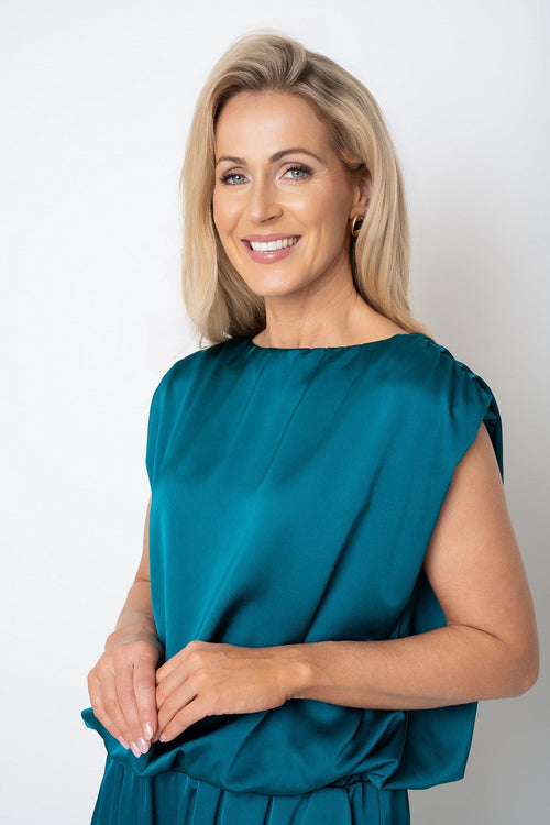 Carraig Donn Teal Sateen Sleeveless Blouson Top