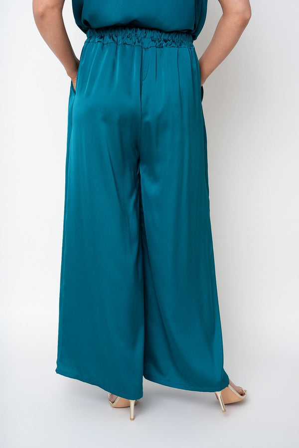 Carraig Donn Teal Sateen Wide Leg Trousers