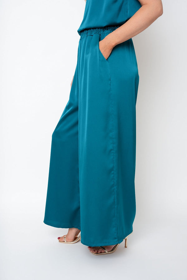 Carraig Donn Teal Sateen Wide Leg Trousers