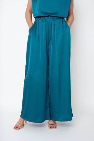 Carraig Donn Teal Sateen Wide Leg Trousers