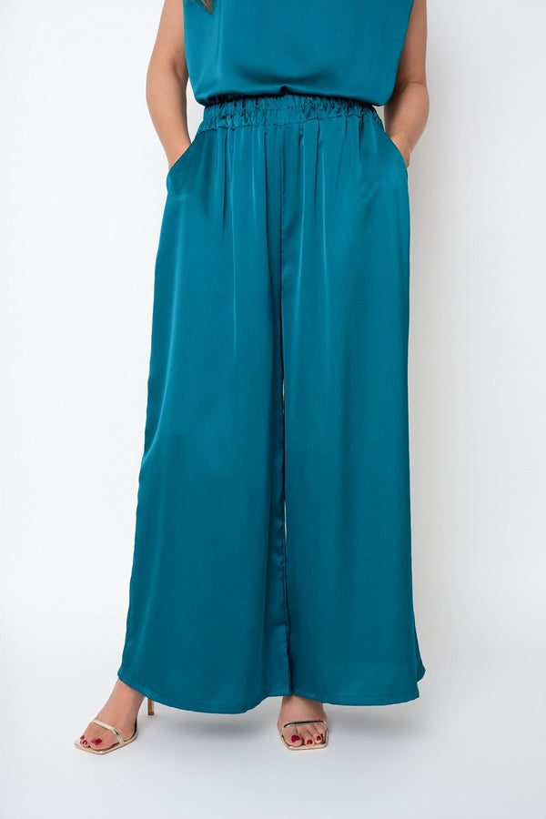Carraig Donn Teal Sateen Wide Leg Trousers