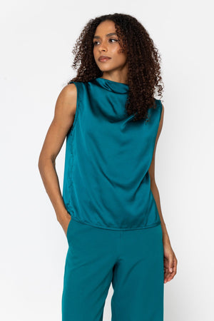 Carraig Donn Teal Satin Drape Detail Sleeveless Top