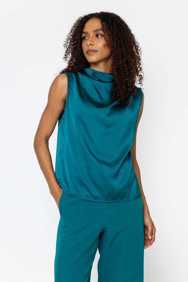 Carraig Donn Teal Satin Drape Detail Sleeveless Top