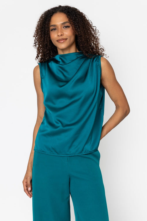 Teal Satin Drape Detail Sleeveless Top