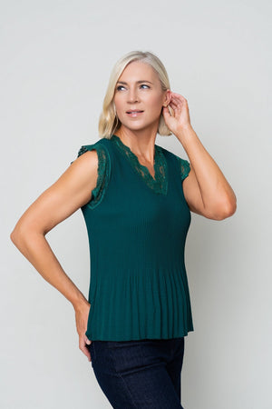 Carraig Donn Teal Sleeveless Lace Trim Pleat Top