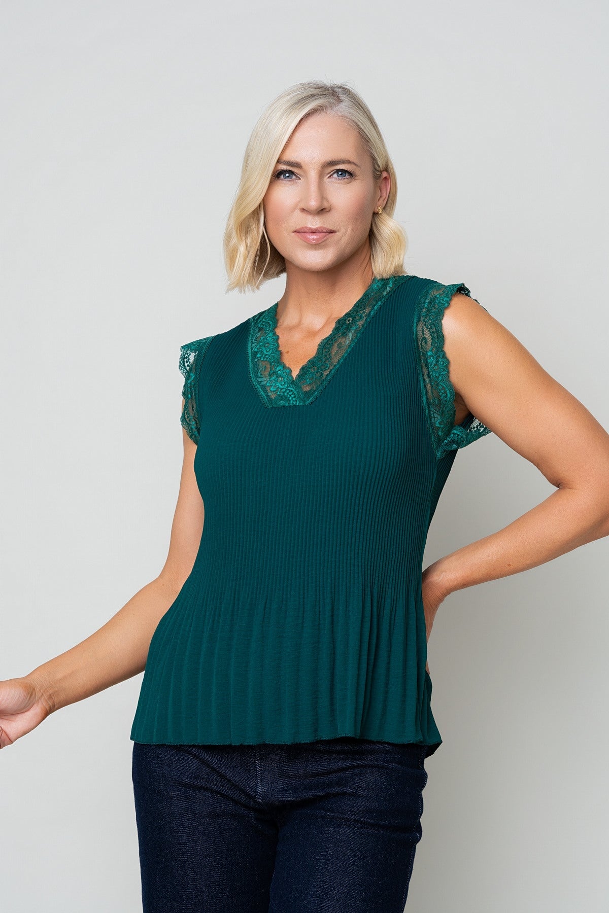 Teal Sleeveless Lace Trim Pleat Top