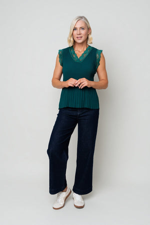 Carraig Donn Teal Sleeveless Lace Trim Pleat Top