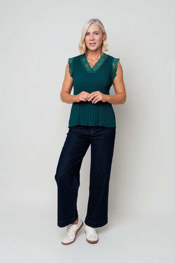 Carraig Donn Teal Sleeveless Lace Trim Pleat Top