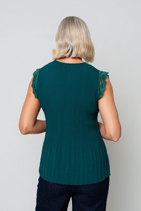 Carraig Donn Teal Sleeveless Lace Trim Pleat Top
