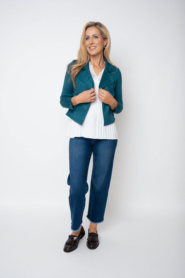 Carraig Donn Teal Suede Cropped Cover Up Jacket